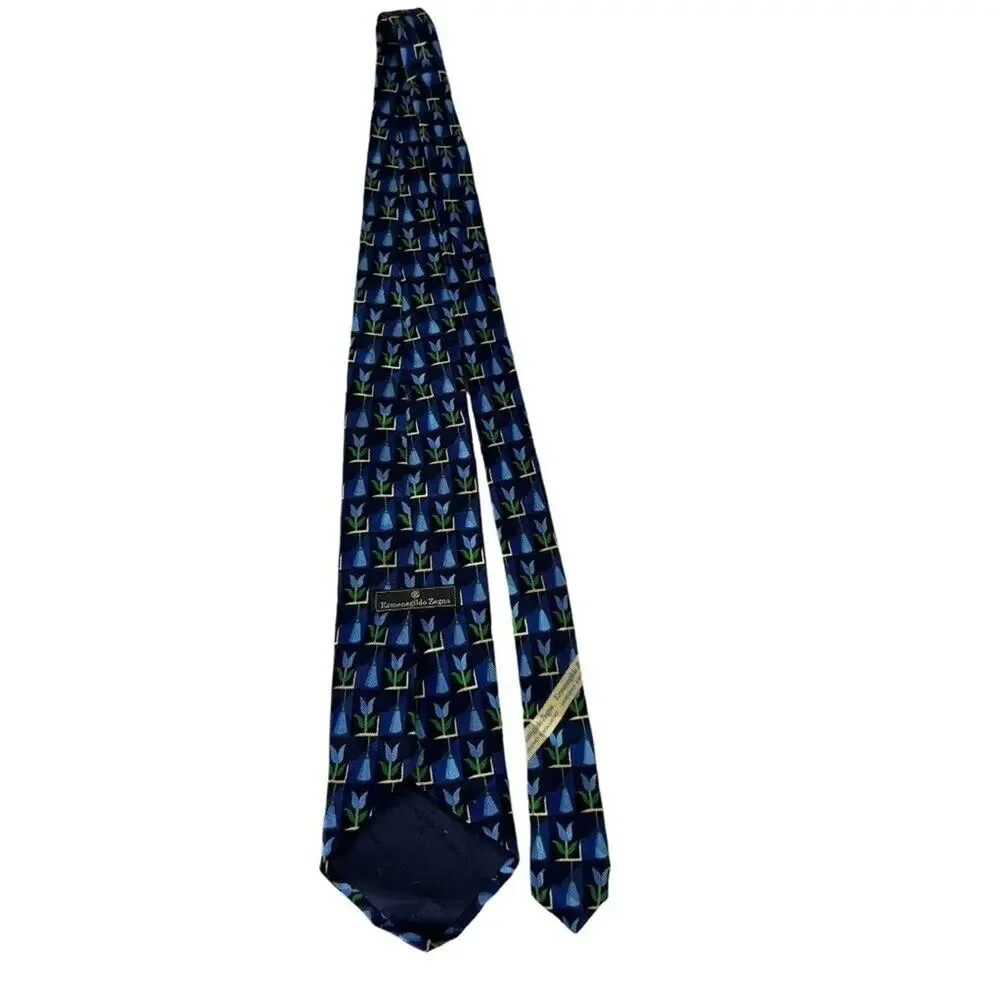 Ermenegildo Zegna Blue Flower Printed Silk Tie Made In Italy